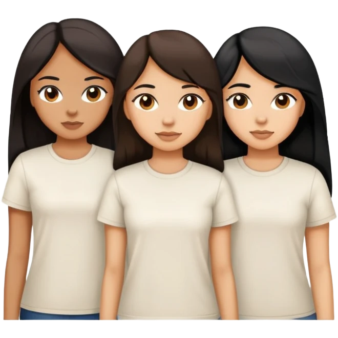 Three sisters, light skin with long dark brown hair, tan skin long black hair, tan skin dark brown short hair, white tee emoji
