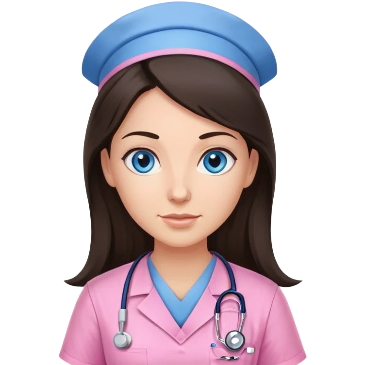 Female nurse, Very long dark brunette hair, blue eyes, light-medium skin, skin, pink scrubs, WITH NO HAT emoji
