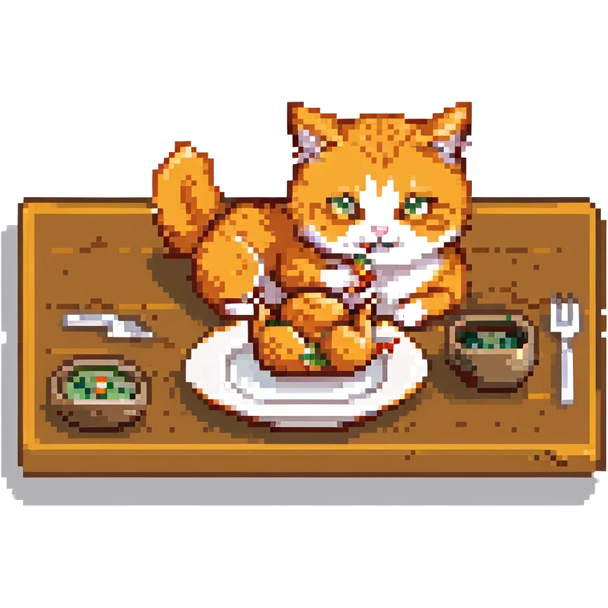orange cat with orange eyes eating a chicken thigh from a plate, pixel art style emoji