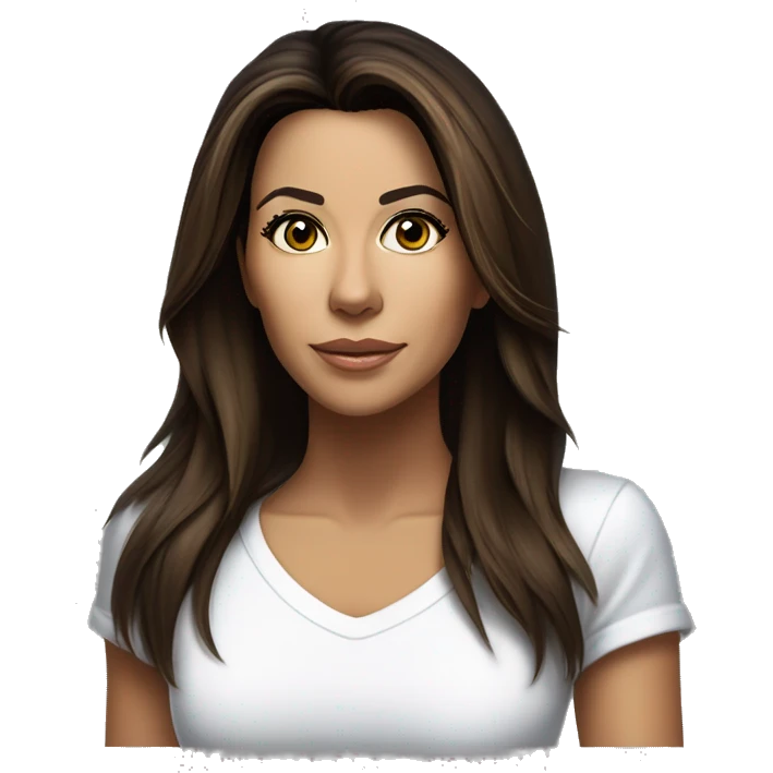 3/4 face, contrasted, shadow, light, Eva Longoria expression, standing, thin nose, brunette woman, hazel eyes, long eyelashes, dark shoulder shaded hair, white t-shirt, jeans, white sneakers emoji