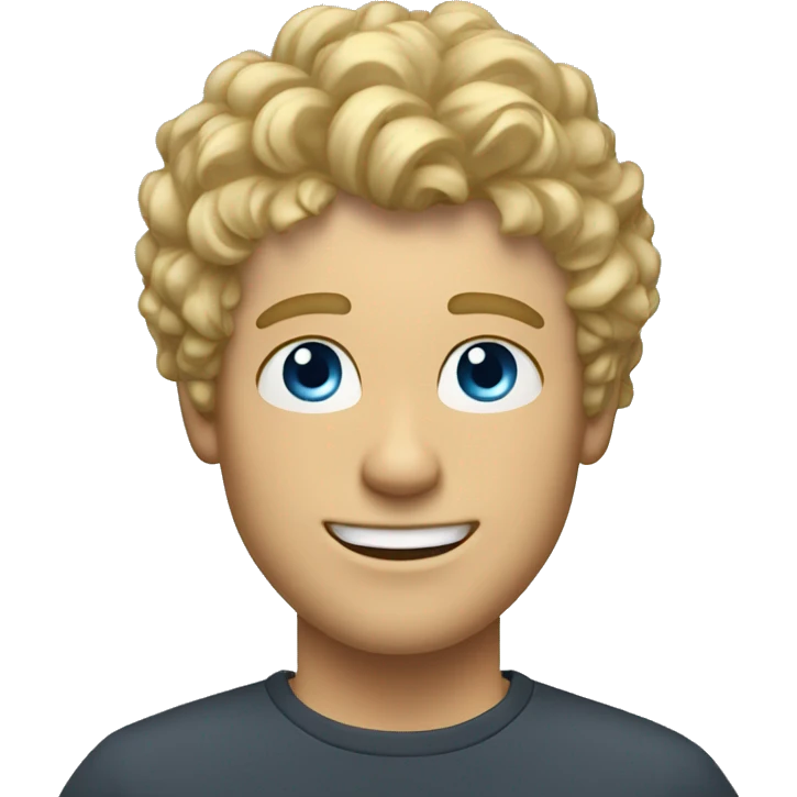 A TOK emoji of a blonde man with messy, curly bangs and short hair on the sides, smiling and without glasses, with blue eyes, without a mustache emoji
