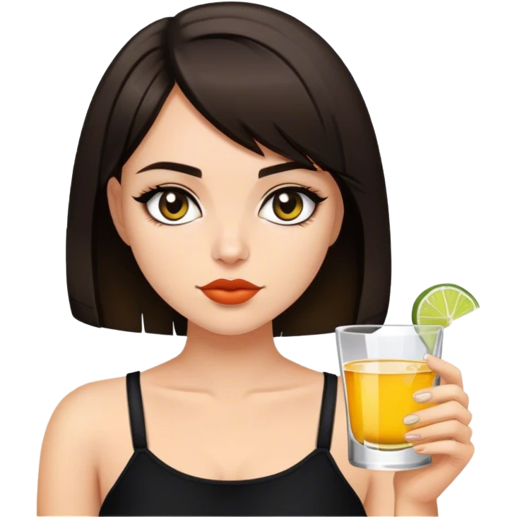 brunette girl with short bob with a shot of tequila wearing black emoji