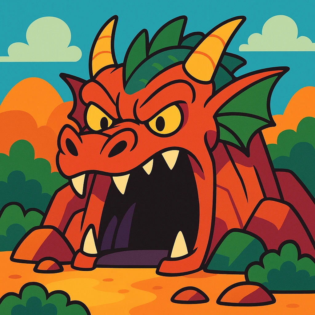 giant dragon head as a cave entrance, cartoon style emoji