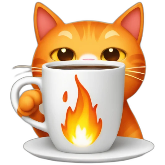 orange cat with fire and a cup of coffee emoji