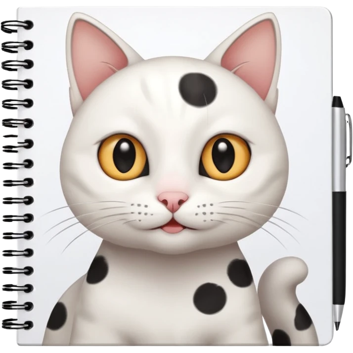 gatita blanca con manchas grandes negras en los ojos feliz en viendo una libreta con anillado emoji