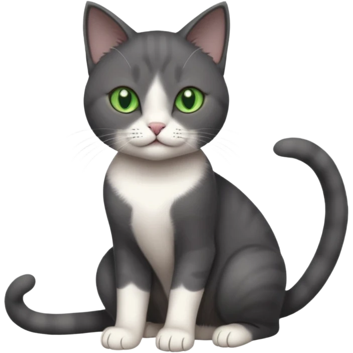 beautiful female solid dark grey cat with green eyes, white toes/paws and white patch on her chest playing emoji