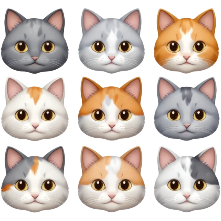 6 realistic looking cats with different natural coloured coats, assorted grey and white, greys, calico, brown and white colours etc
 emoji