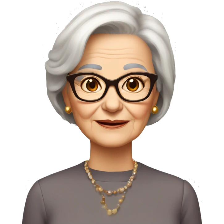 80 years old girl
Short straight brown hair with bob styling
light skin small square 
glasses with refined frame
Brown eyes with cat eye liner emoji