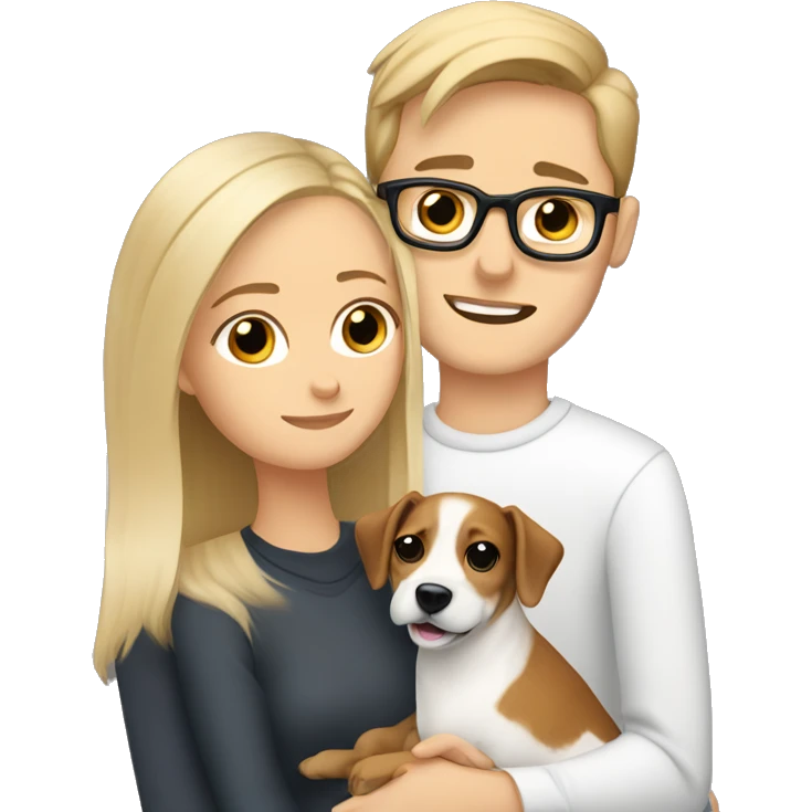 Blonde girl and her white boyfriend with brown hair and glasses cuddling a jack Russell  emoji