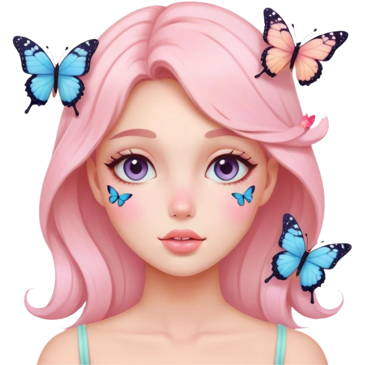 Gorgeous pastel lady with blushing face and butterflies aesthetic trending style emoji