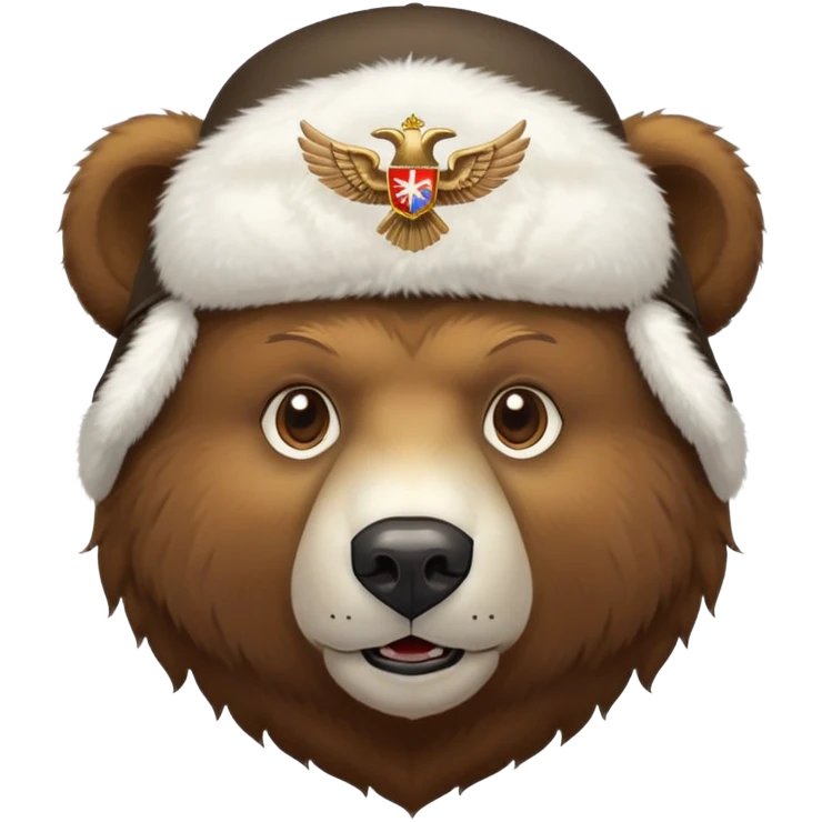 Brown bear head face wearing white fluffy ushanka with detailed Russian double-headed eagle emblem centered on front, iOS emoji style emoji