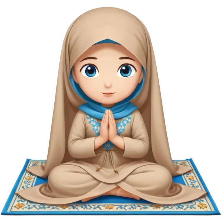 Turkish beautiful finish Konya girl blue eyes with beige flower hijab long tail dress and sits on the pray mat namaz on the ground and pray dua  emoji