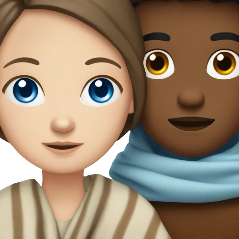 Brunette white girl with blue eyes in a blanket with brown  boy emoji