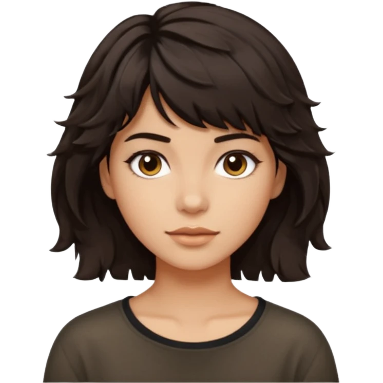 À emoji that don’t smile Dark brown thick hair, medium-length textured top with loose natural waves, short tapered sides, soft messy fringe, natural volume emoji