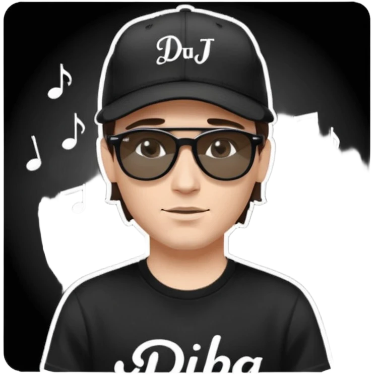Emoji of a white man with short dark brown hair under a black baseball cap, wearing a black t‑shirt and 1980s‑style black Ray‑Ban rectangle sunglasses black lenses, with black musical notes floating around his head,  word "DJ DLG" written on the hat emoji