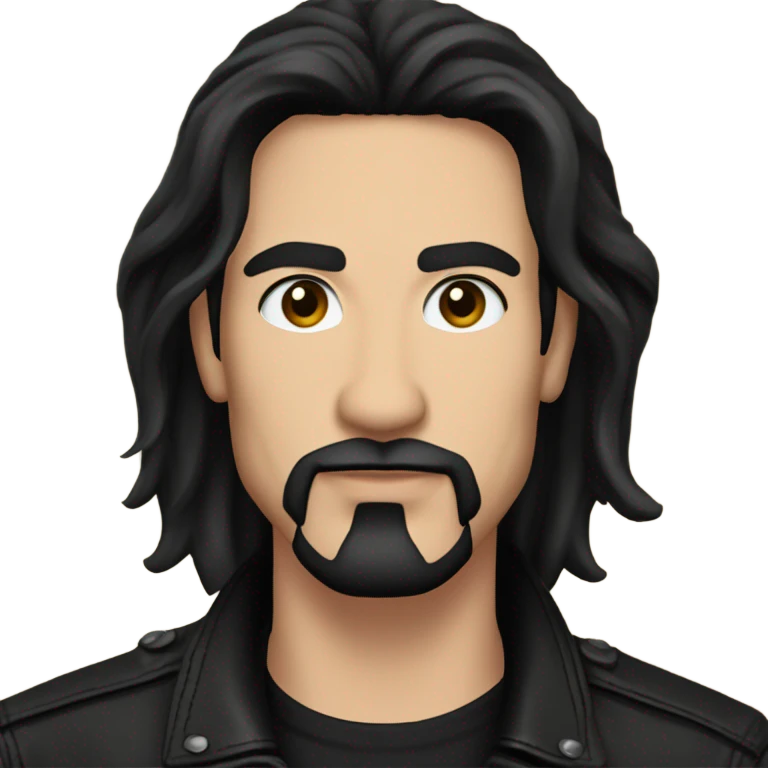 Man with long black hair, black goatee, square jawline, eyeliner, black leather jacket, black pants, black shirt and pentacle necklace emoji
