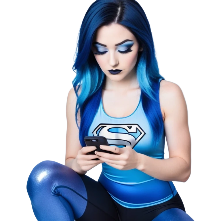 Shameful-head tilted-texting on phone-very very very large upper body-sexy face-bending forward at waist-very long very straight dark blue to light blue ombre hair-and-blue eyes-thick black eyeliner-thick long eyelashes-iridescent blue lowcut tanktop with black leggings with glitter superman logo emoji