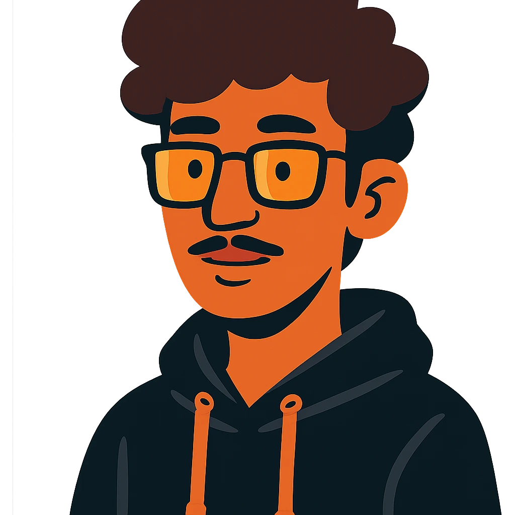 Malay teenager with fluffy hair, long face, light mustache, glasses, and a black hoodie in vibrant toon style emoji