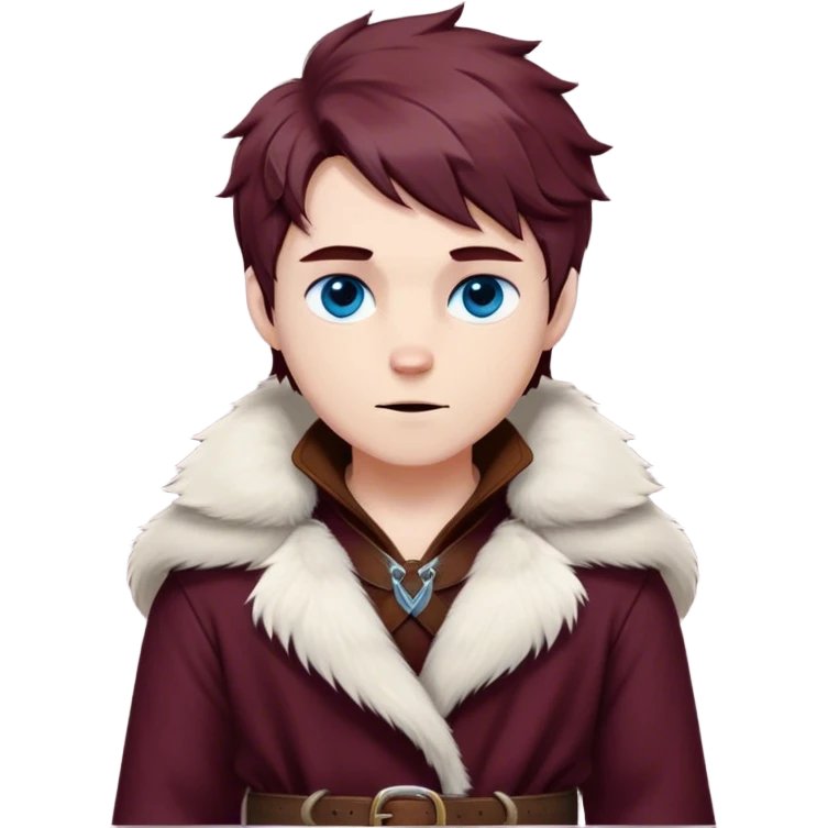 Medieval winter outfit worn by a DnD themed fantasy male character. Thick burgundy wool tunic with arctic fox fur lining, adorned with bronze clasps and a sturdy woven leather belt. Clothes only above the waist, full waist coverage. The character has no arms. Character is white-skinned with mahogany hair, stormy blue eyes, and short layered hair windswept with winter chill emoji