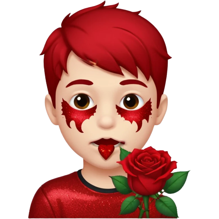red glitter naughty-looking boy biting a rose in his mouth emoji