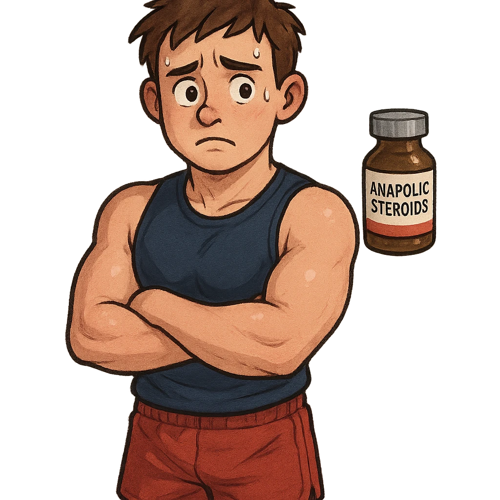 young inexperienced athlete with changing physique, slightly swollen muscles, worried expression, bottle of anabolic steroids in background, sportswear, isolated on white background emoji