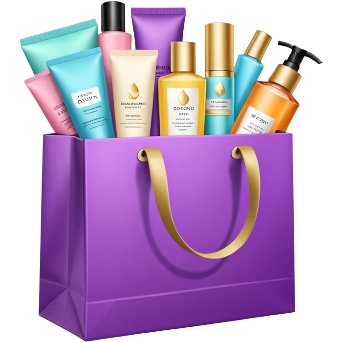 Gift bag with beauty products (shampoo, creams, styling products), a gift bag is beautyful open box full of luxury brand-labeled beauty products emoji