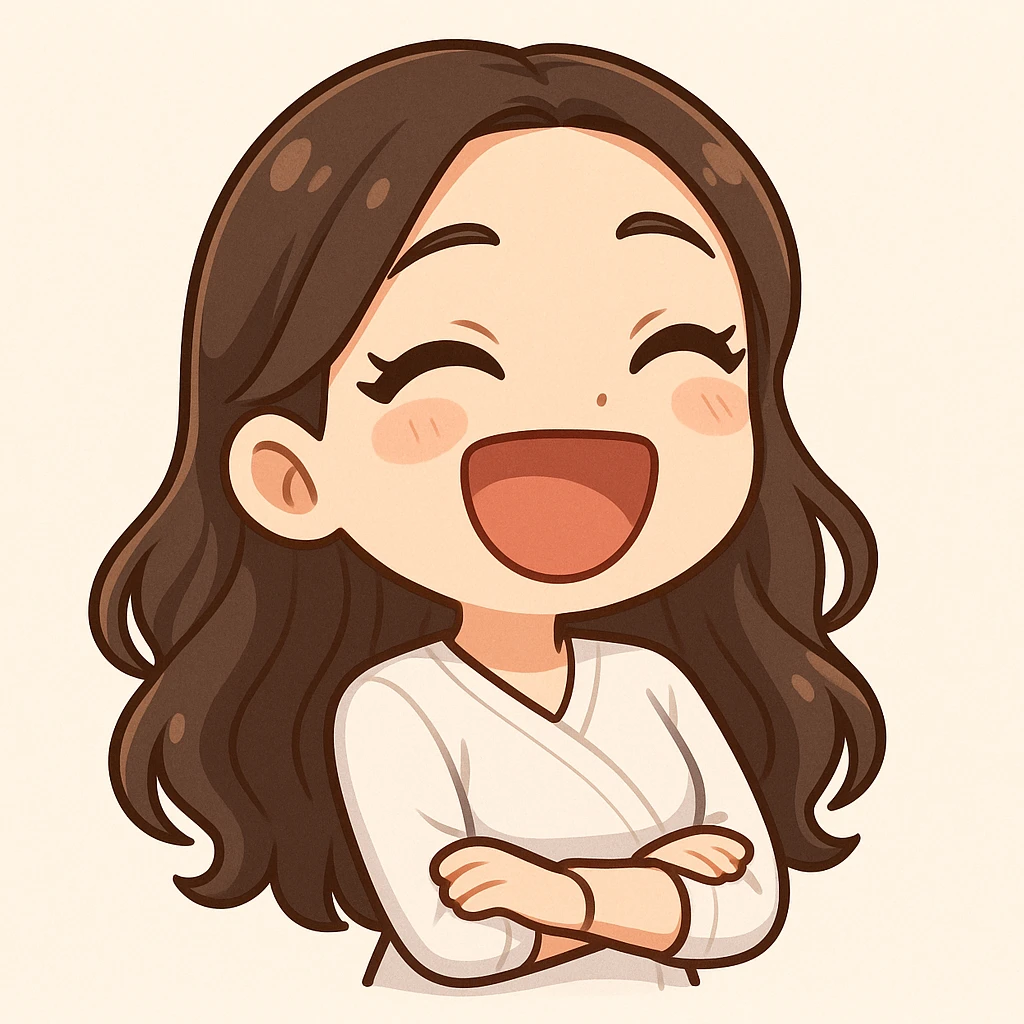 3D bitmoji chibi sticker of the girl from the reference, expressive face and eyes, long brown hair, laughing joyfully. emoji