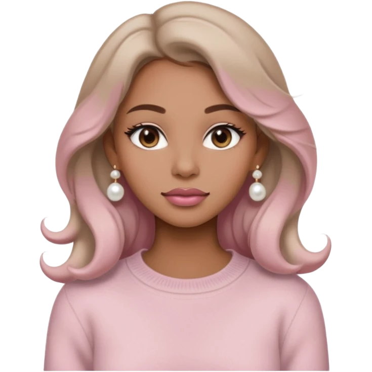 “Emoji girl, soft matte skin, neutral taupe eyeshadow, light rose lips, subtle contour, pearl earrings, loose waves, wearing cream cashmere sweater.” emoji