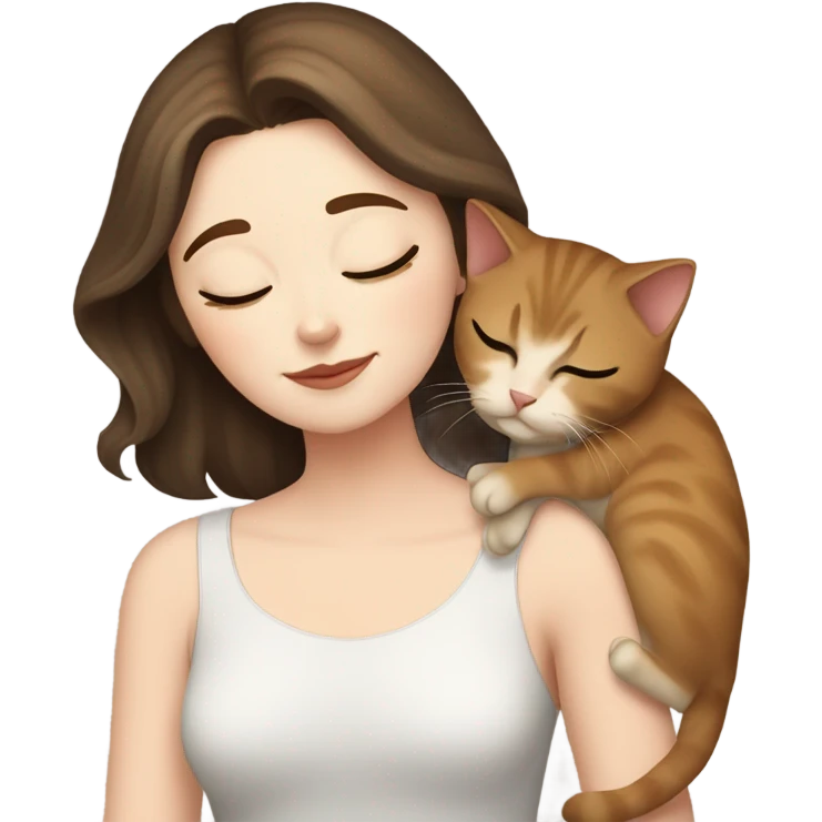 White girl short brown hair sleeping with tuxedo cat kitten emoji