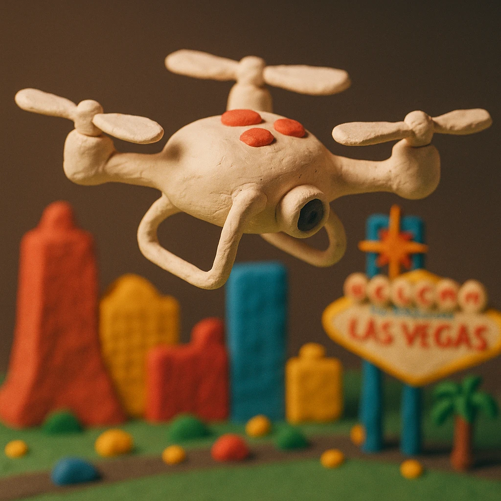 claymation style drone with a miniature Las Vegas strip below emoji