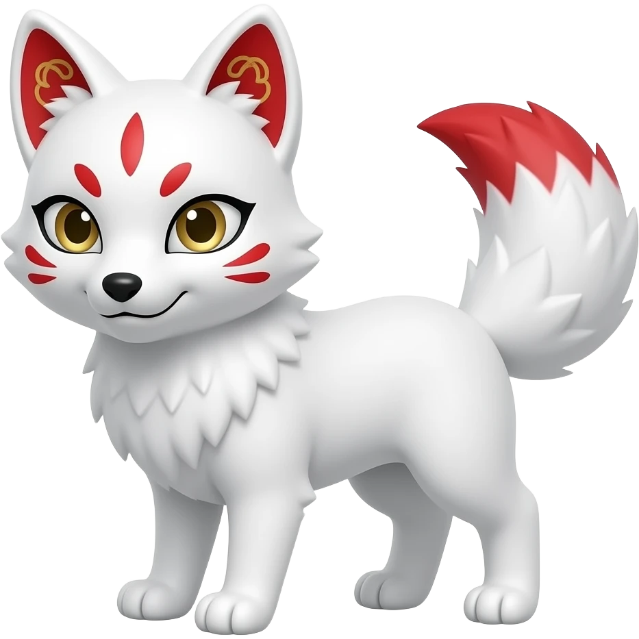 A pure white one-tailed kitsune (fox form,) with red accents, (one marking on each of its cheek, two markings each across its eyes and a single one on its forehead,) red on the insides of its ears, with gold symbols inside of its ears,) and pale golden eyes. Pure white paws and a red tail tip. emoji