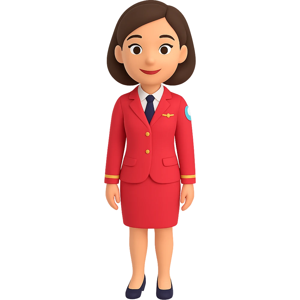 Remove the hat from the flight attendant, keep the red uniform, in the style of 3D emoji style. emoji