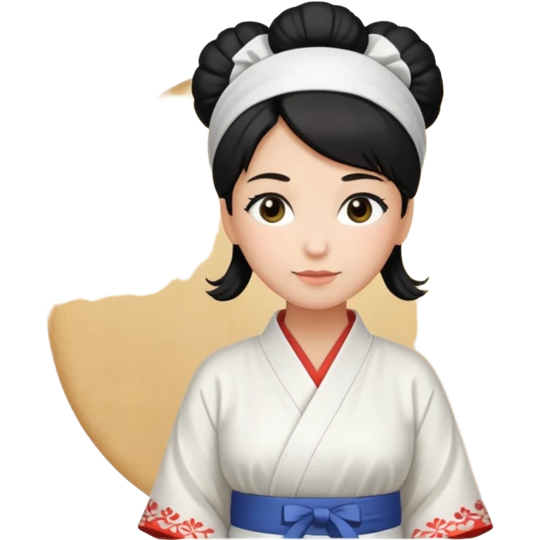 middle age mom with black bun wearing white home kimono and white apron emoji