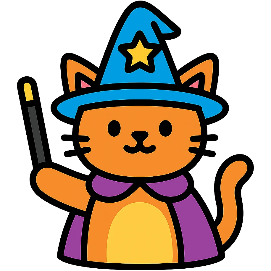 cat magician with a wizard hat and wand, colorful icon emoji