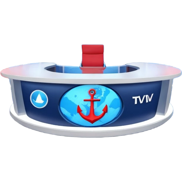 Professional news TV studio interior, modern anchor desk in center, large curved LED screen wall behind presenter, abstract global map graphics, blue dominant colors with red accents, symmetrical composition, broadcast-quality lighting, realistic 3D studio render emoji