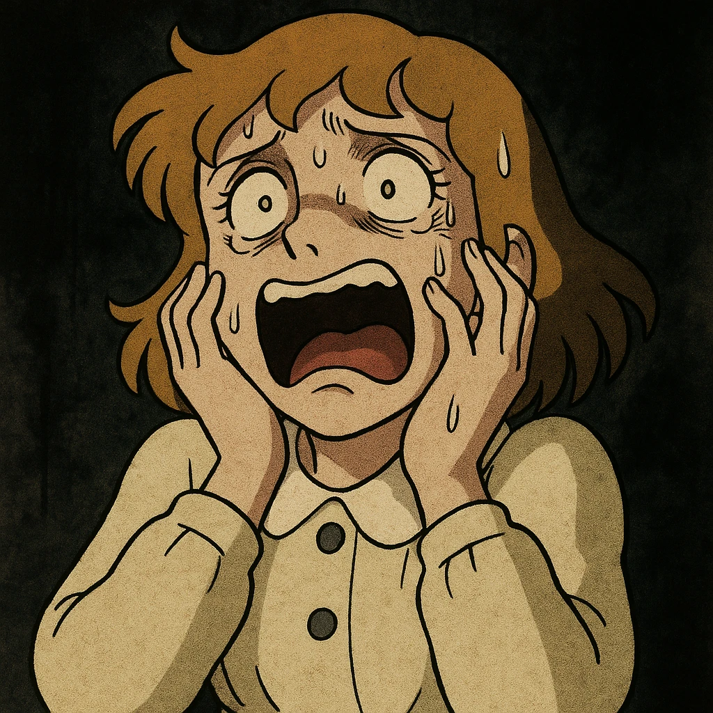 Clara from the 1978 Heidi series, as a frightened victim, exaggerated expression, vintage anime style, darkly humorous emoji