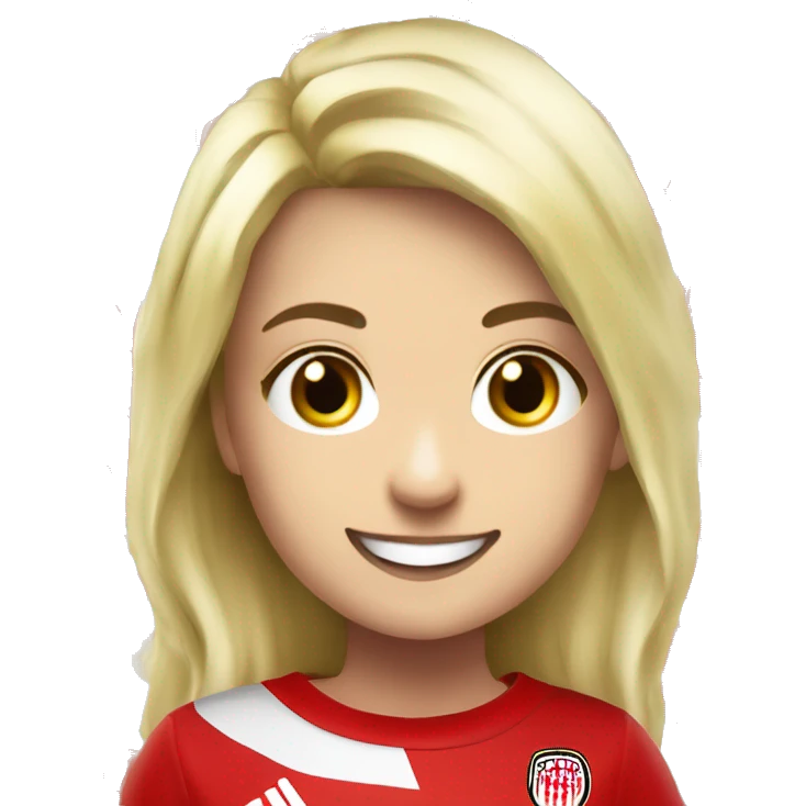 A blonde Girl smiling with a Fan Scarve of the german Soccer Club 1. fc köln  emoji