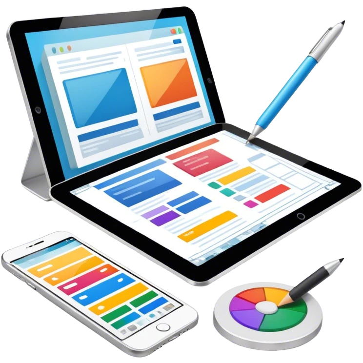 Modern icon for Web Design: a computer and smartphone or tablet screen displaying a website layout, HTML code, and design tools like a stilus and color palette. Transparent background. emoji