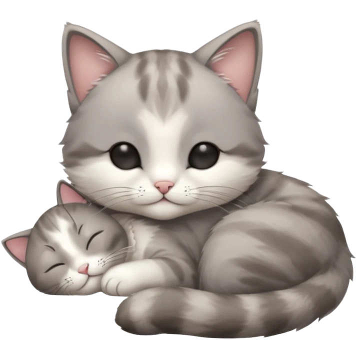1 grey and white small cat with his eyes closed lying down leaning on his elbow with his paw curled under his head holding it up emoji