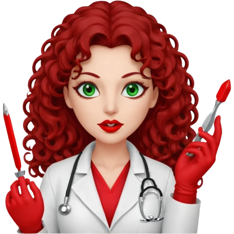 Lilith symbol sexy evil woman. She has green eyes.  had brown long curly hair.  evil surgeon kills with scalpel wears red sexy doctor coat with red mouth cover red gloves. Covers nose, neck  and mouth with red face berka emoji