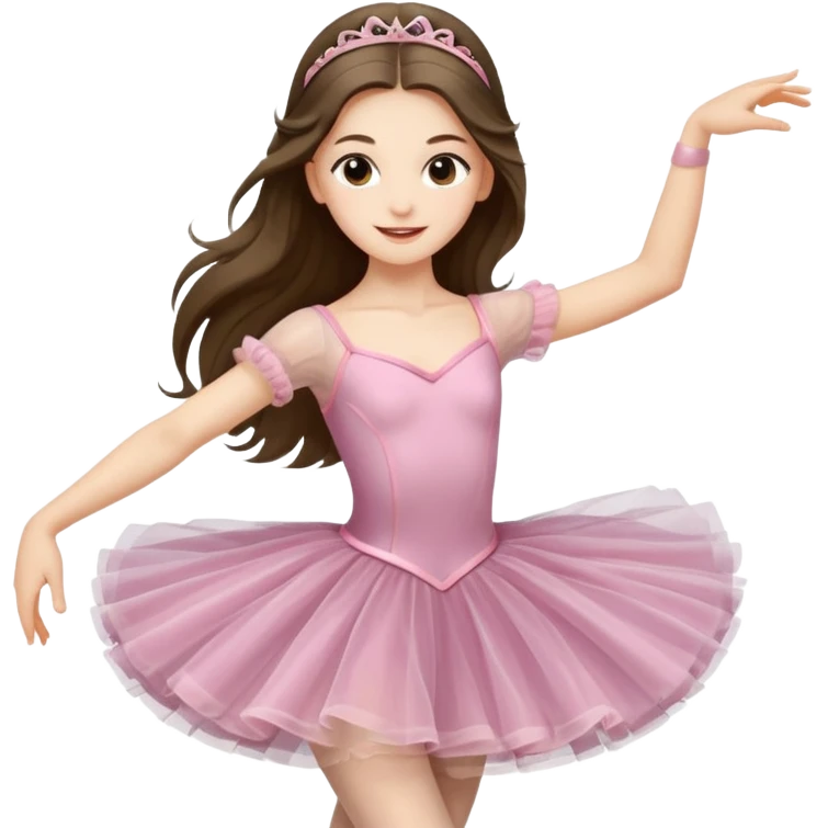 happy pretty white brunette teen long hair with hazel eyes in a ballet costume and point shoes dancing emoji