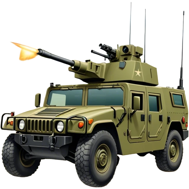 Humvee (2005) – Cinematic-realistic Humvee, its rugged olive-green frame bouncing over rough desert terrain. Soldiers grip their weapons tightly as the turret gunner scans the horizon, dust kicking up behind the armored vehicle under the blazing midday sun, with distant radio chatter crackling through the air. emoji