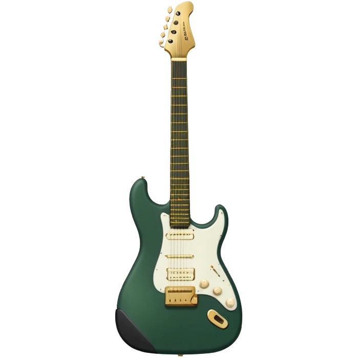 minimalist electric guitar in dark green, closed inside a black rectangular hard case with gold latches, soft matte textures, simplified details emoji
