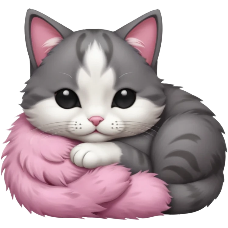 dark grey and white small cat with eyes closed, leaning his head on his paw while leaning on his elbow lying down emoji