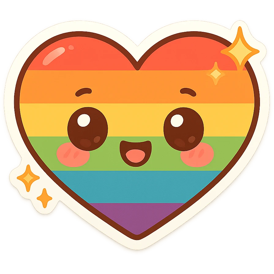 gay pride rainbow heart with cute face and sparkles, chibi style, bright and adorable emoji
