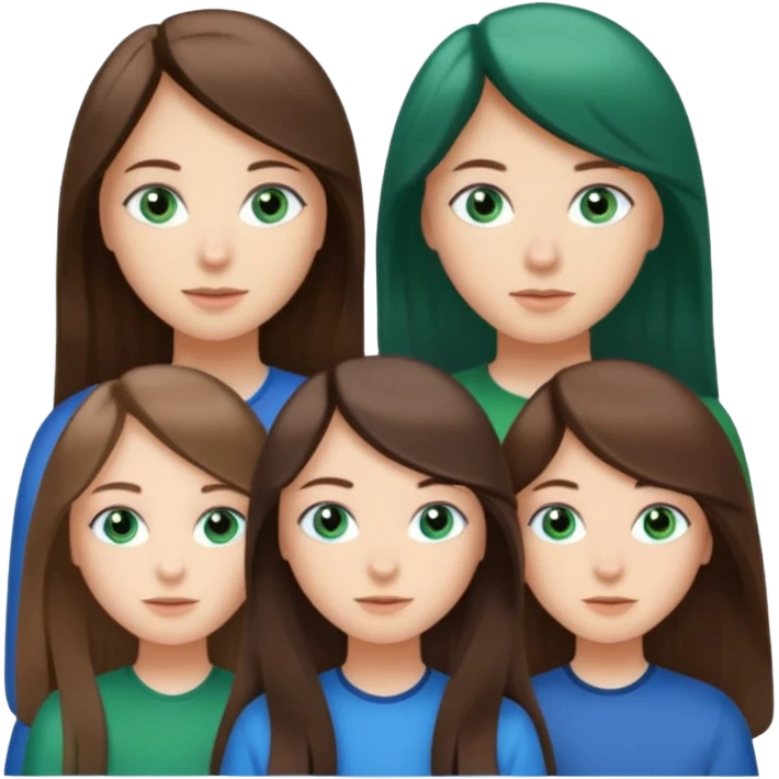 Three people total: Two girls brunette one with straight long hair and blue eyes one with curled hair middle length and green eyes and the other a boy lighter brown with blue eyes  emoji