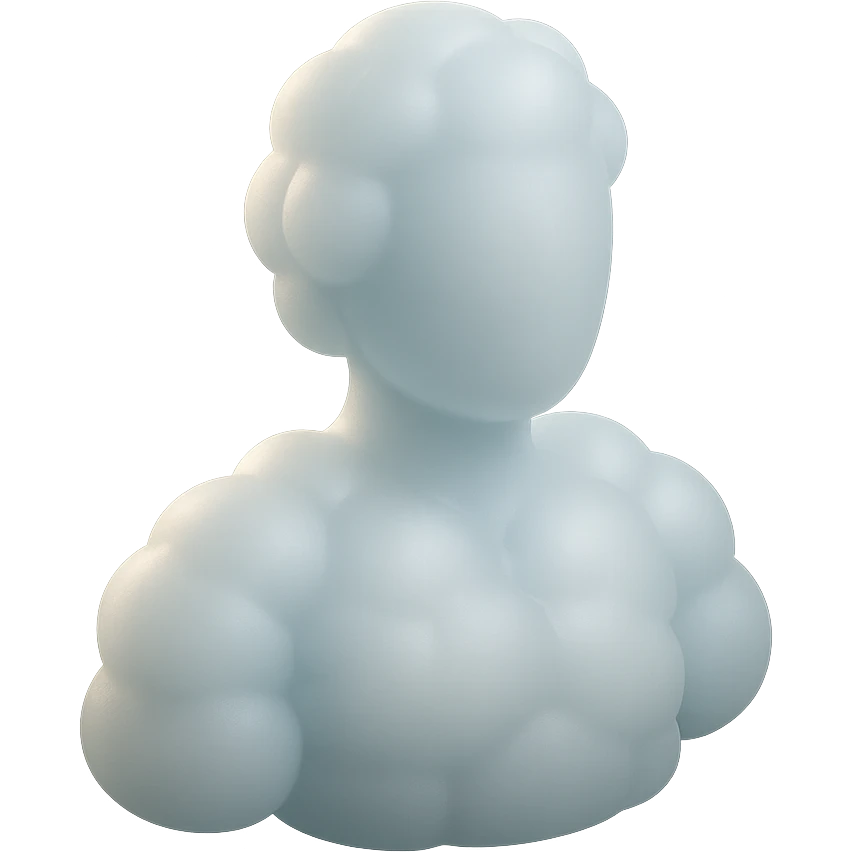 person made entirely of white fluffy convex clouds, shoulder up, front view, matte glass style emoji