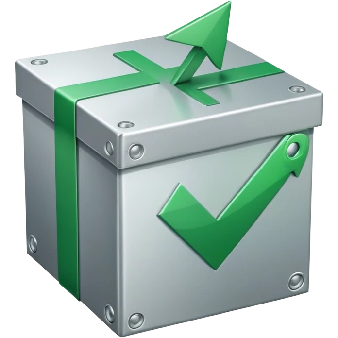 closed box with a circular arrow and green checkmark icon above the box, upper right emoji