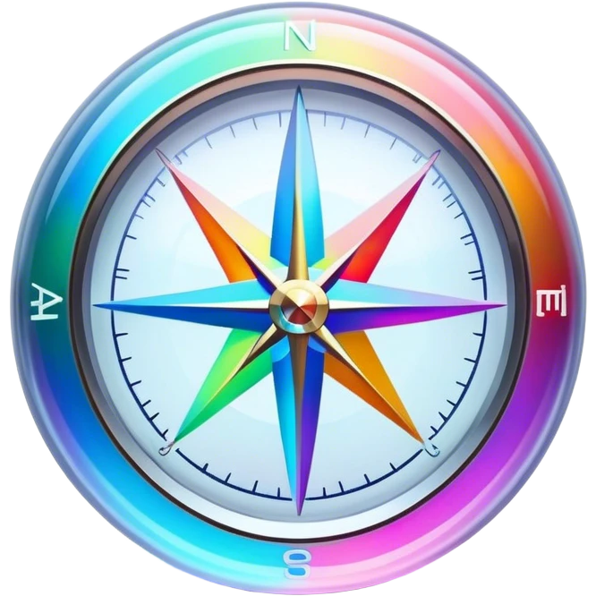 A glowing holographic compass with vibrant neon rainbow colors inside a crystal-clear sphere emoji