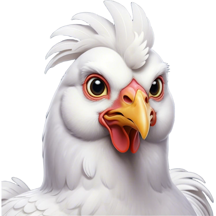 Cinematic Noble White Chicken Portrait Emoji, Poised and regal, with a compact, sturdy build and a pristine, well-groomed pure white plumage, deep-set soulful beady eyes, Simplified yet sharp and sophisticated features, highly detailed, glowing with a soft, dignified glow, high shine, intelligent and alert, stylized with an air of barnyard elegance, focused and attentive, soft glowing outline, capturing the essence of a watchful and confident fowl, so majestic it feels as though it could strut out of the screen with effortless authority! emoji